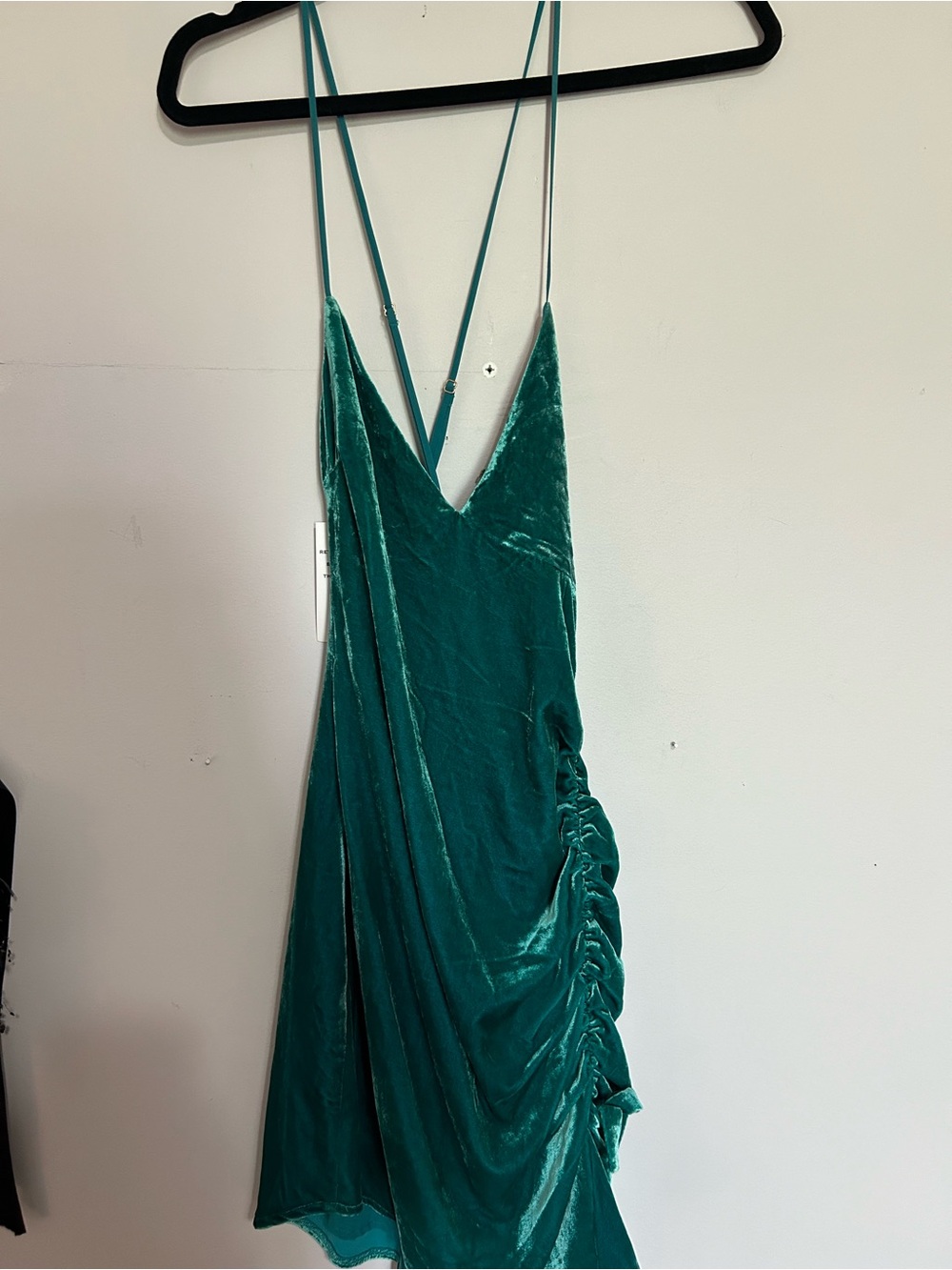 For Love & Lemons Teal Velvet Ruched Slip Dress